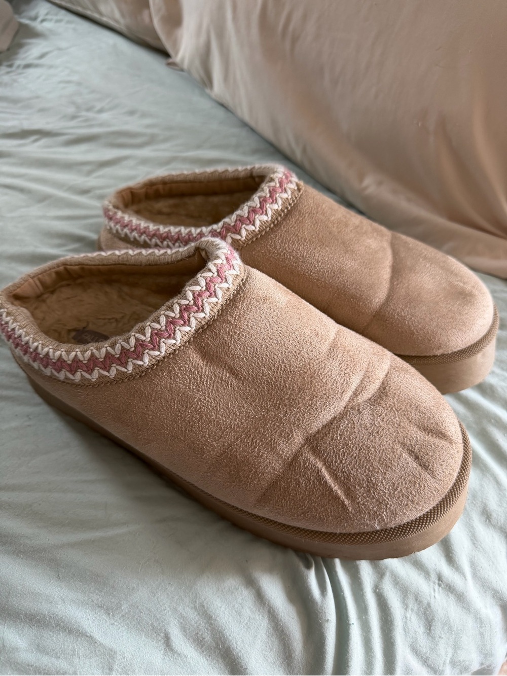 Falls Creek Pink and Cream Quilted Suede-Look Slip-On Slippers